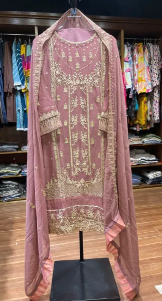 Pakistani Merakish Luxury Chiffon Stitched 3Pcs _ Rose Pink 